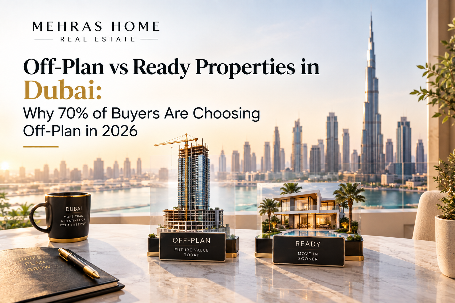 Off-plan vs ready properties in Dubai, comparing benefits, risks, prices, and investment potential